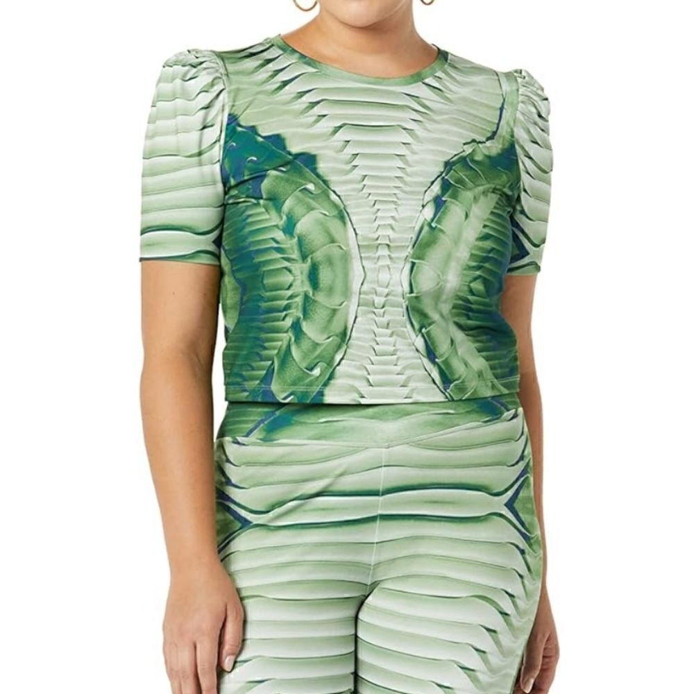 Making the Cut Season Puff Sleeve Printed Knit Cropped Top Size 2X NWT